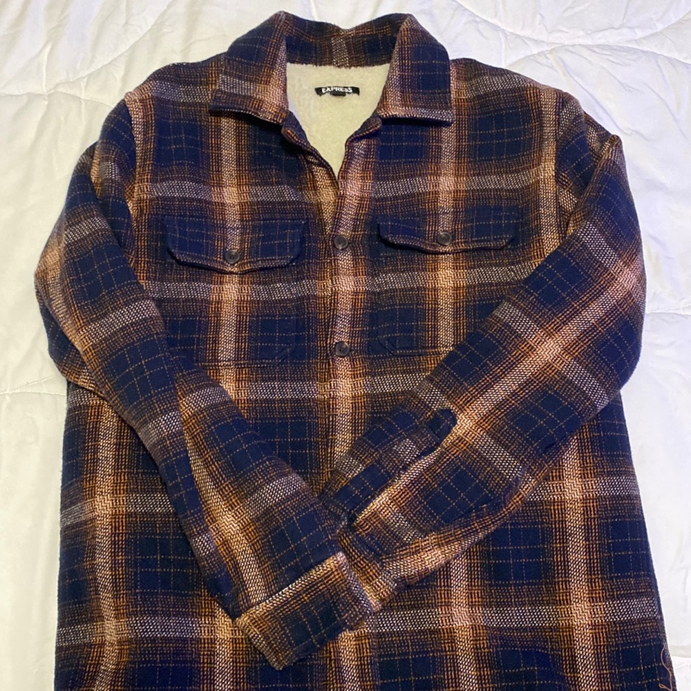 Express Plaid Fall Coat Small Orange Blue